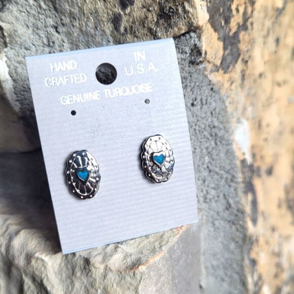 New! Genuine Turquoise Stud Southwestern Heart Style Earrings - Picture 3 of 3